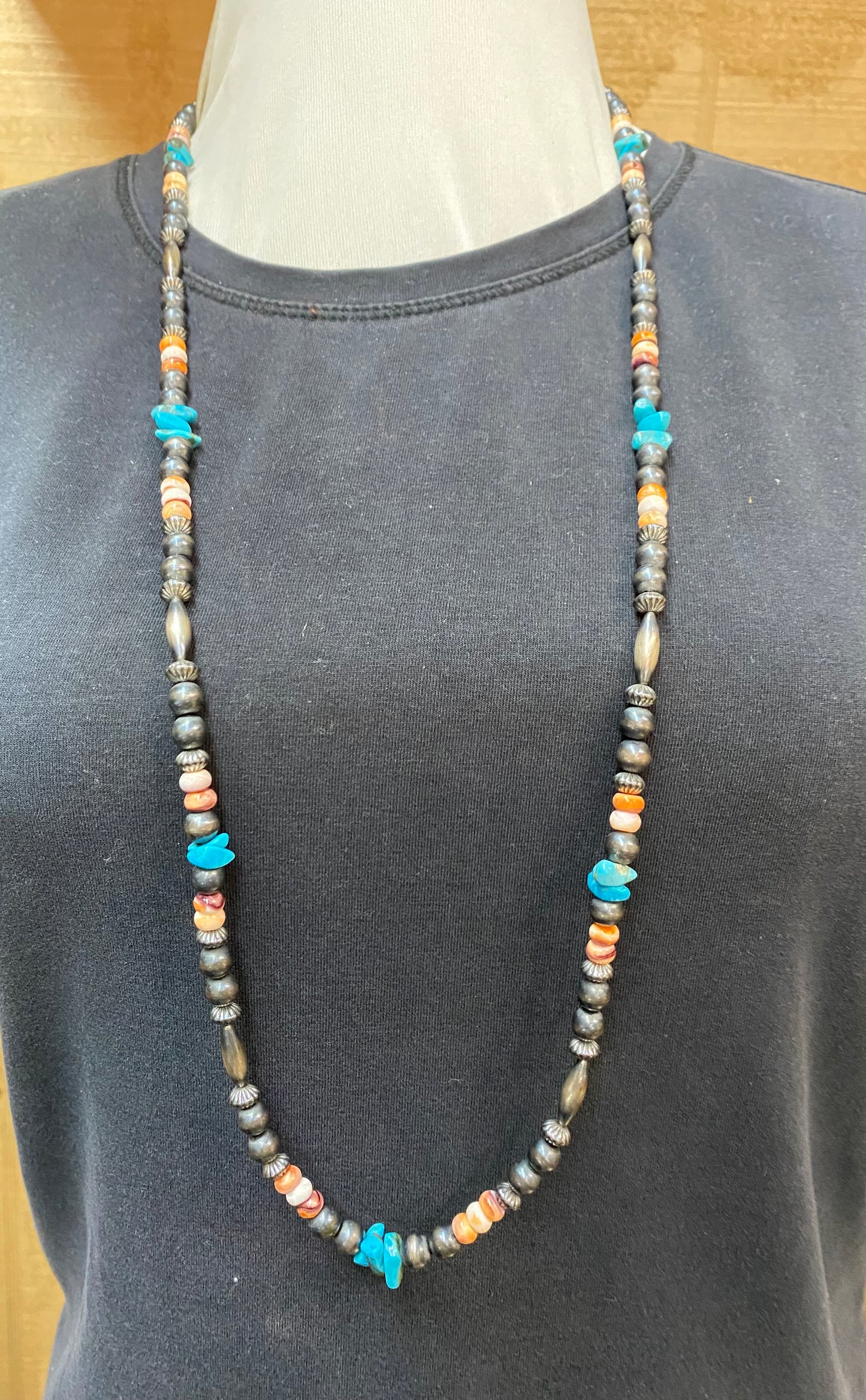 Vintage 7mm Navajo Pearl with Turquoise & Spiny Oyster 34" Necklace