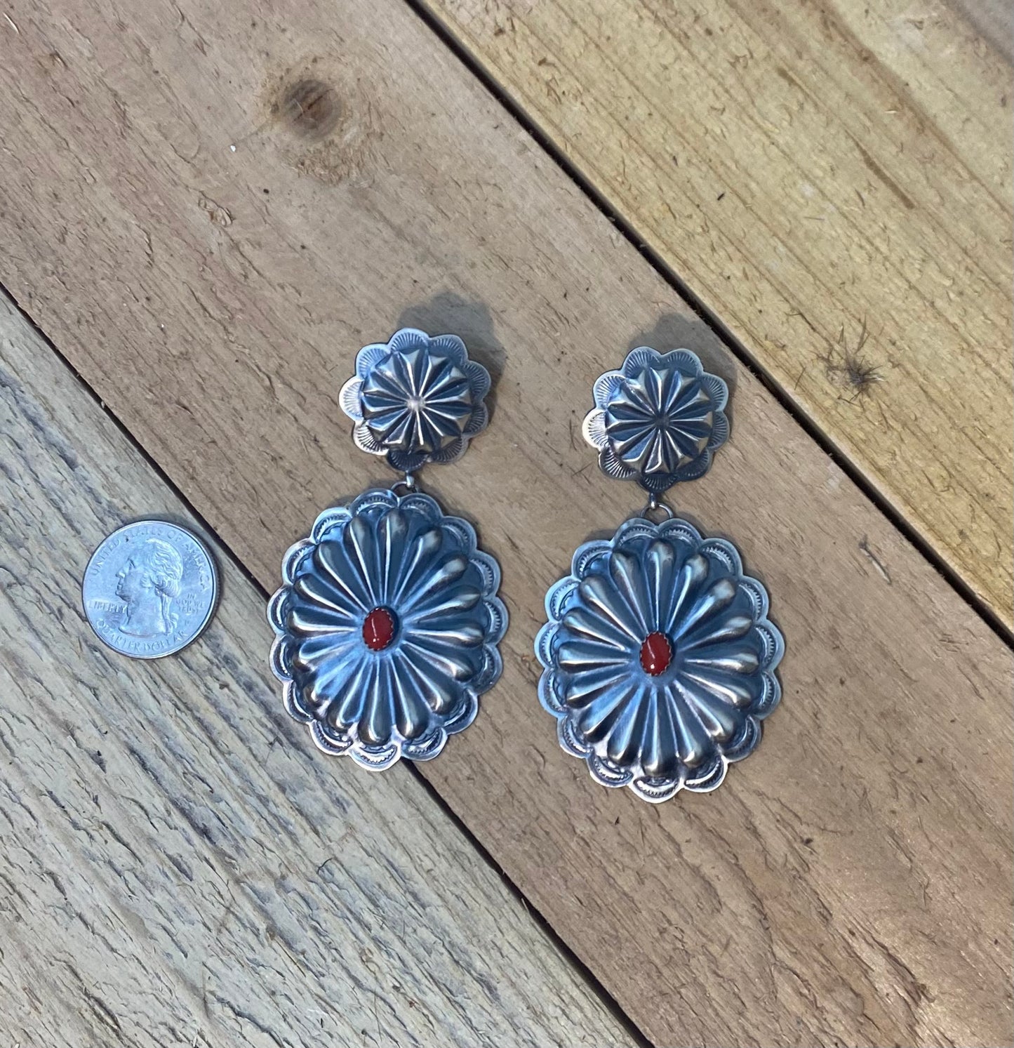 Hand Stamped Sterling Silver Concho with Coral Post Dangle Earrings by Rita Daye