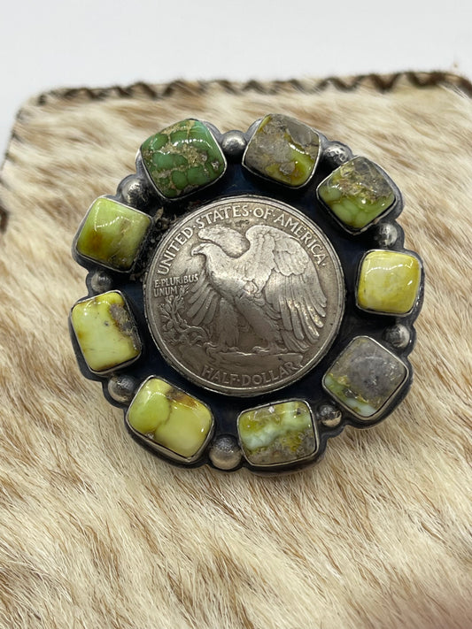 Palomino Turquoise Cluster with Silver Half Dollar Ring
