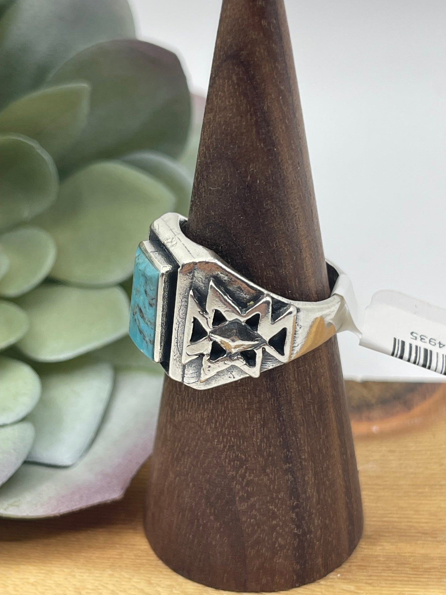 9.5 Blue Kingman Turquoise Rectangle Ring by Bevis Tsadiasi, Zuni