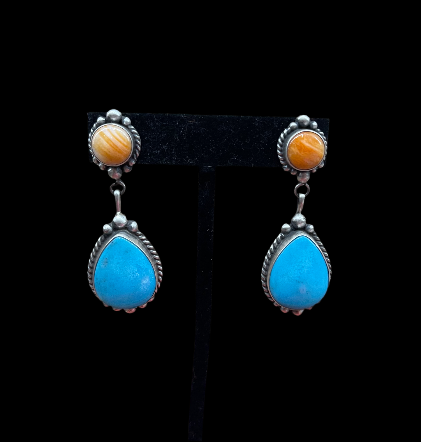 Spiny Oyster Shell and Sleeping Beauty Turquoise Earrings by Elouise Kee, Navajo