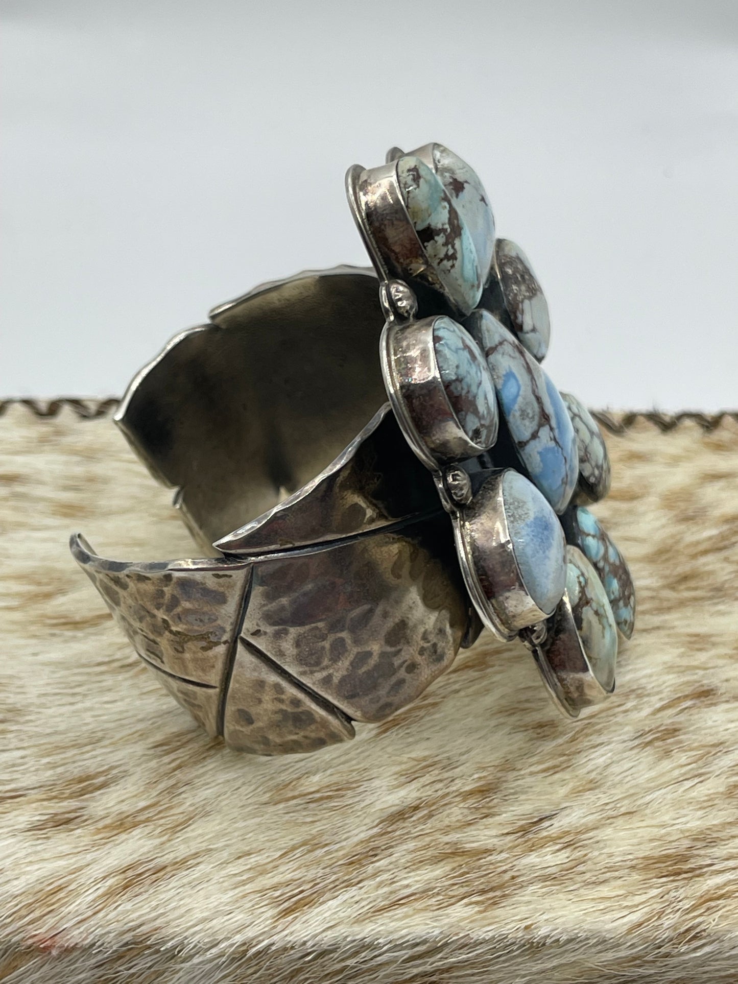 5 3/4"-7" Golden Hills Turquoise Cluster Cuff by Steven Nez, Navajo