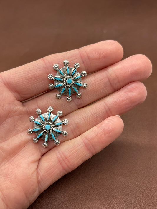 Turquoise Needlepoint Concho Style Post Earrings by Merlinda Chavez, Zuni