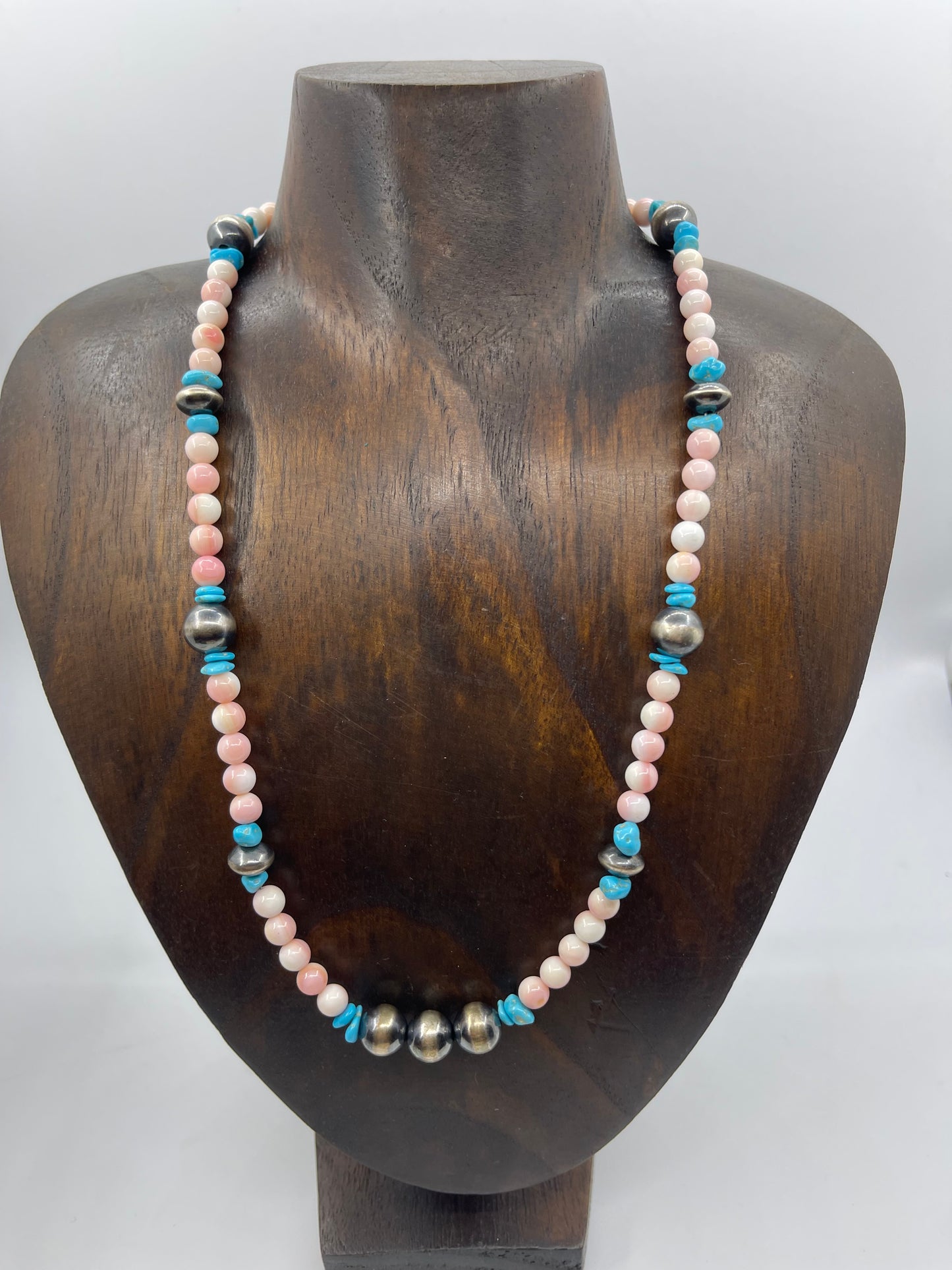 20" Pink Conch Shell and Turquoise Necklace with 10mm Navajo Pearls