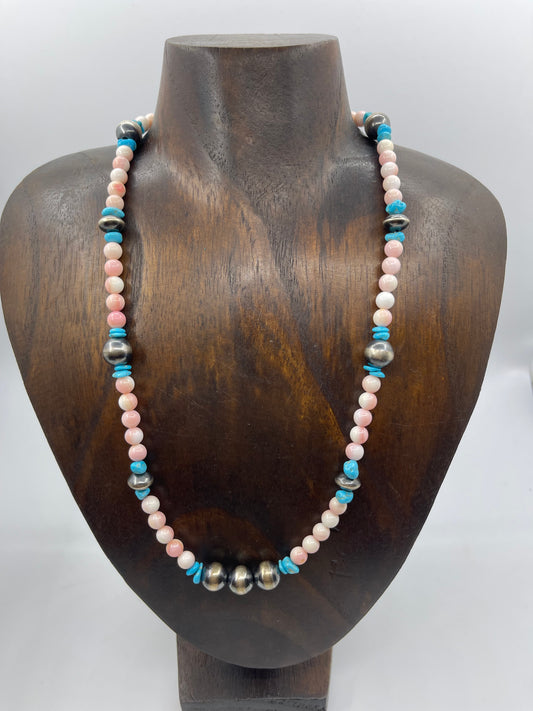 20" Pink Conch Shell and Turquoise Necklace with 10mm Navajo Pearls