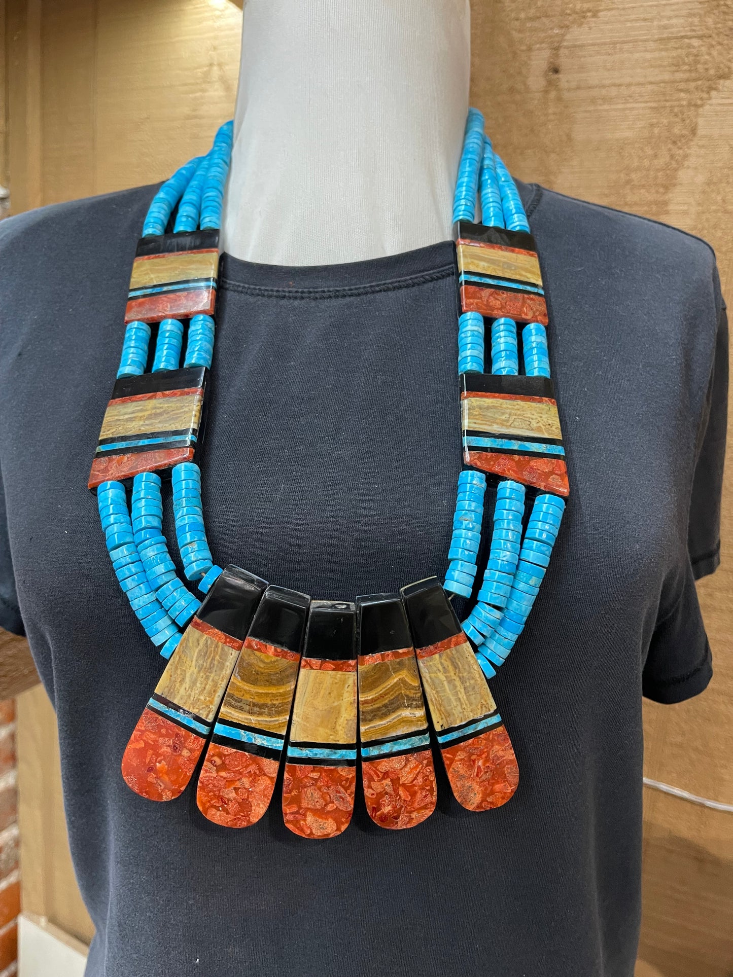 2-Sided 3 Strand Multi-Stone Inlay Necklace, Santo Domingo Made