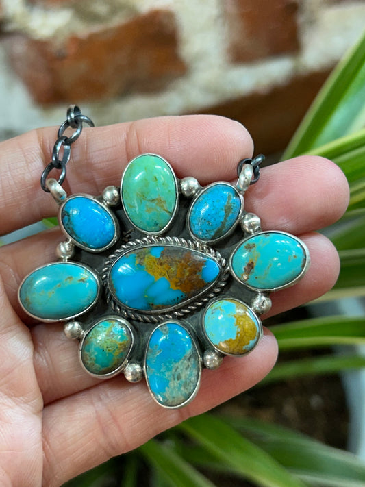 17" Kingman Turquoise Cluster Necklace by Geraldine James, Navajo