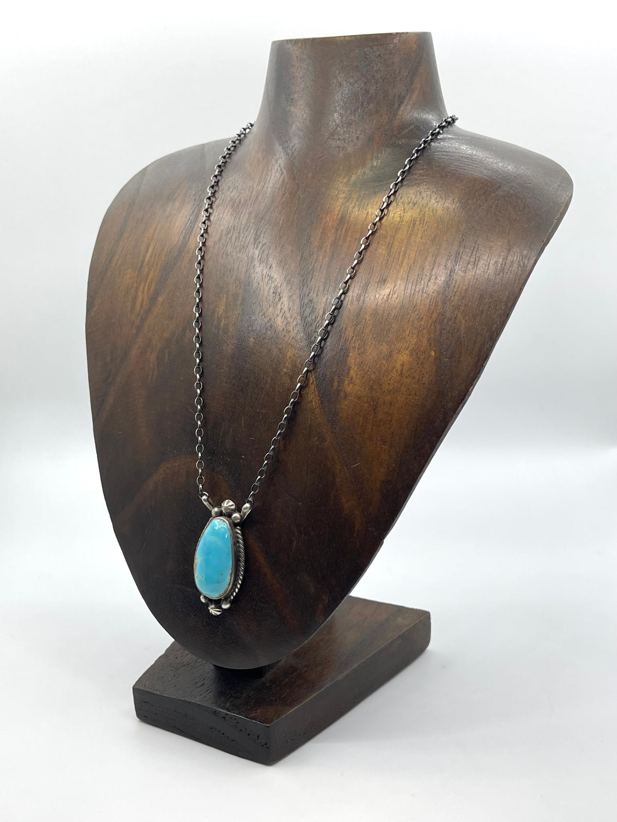 18" Kingman Turquoise Teardrop Shaped Necklace by Augustine Largo, Navajo