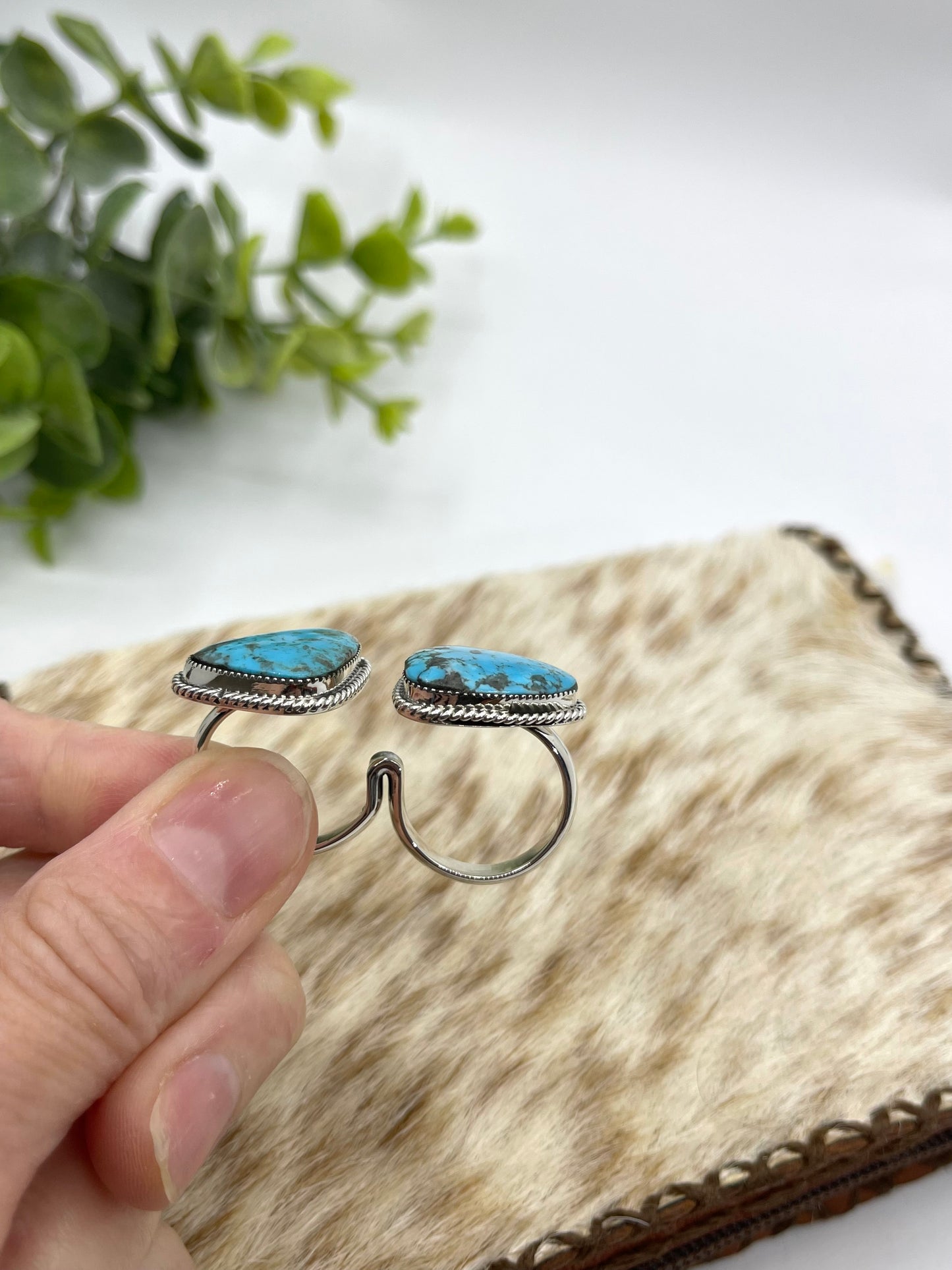 5.0 & 6.0 Double Finger Turquoise Ring by Bucky Belin, Navajo
