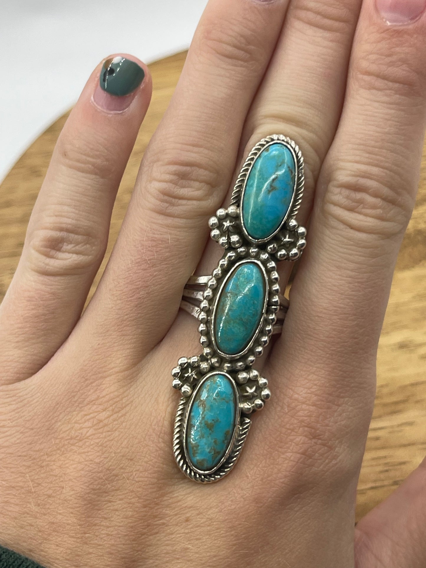 7.0 3 Stone Turquoise Ring by Harold Becenti, Navajo