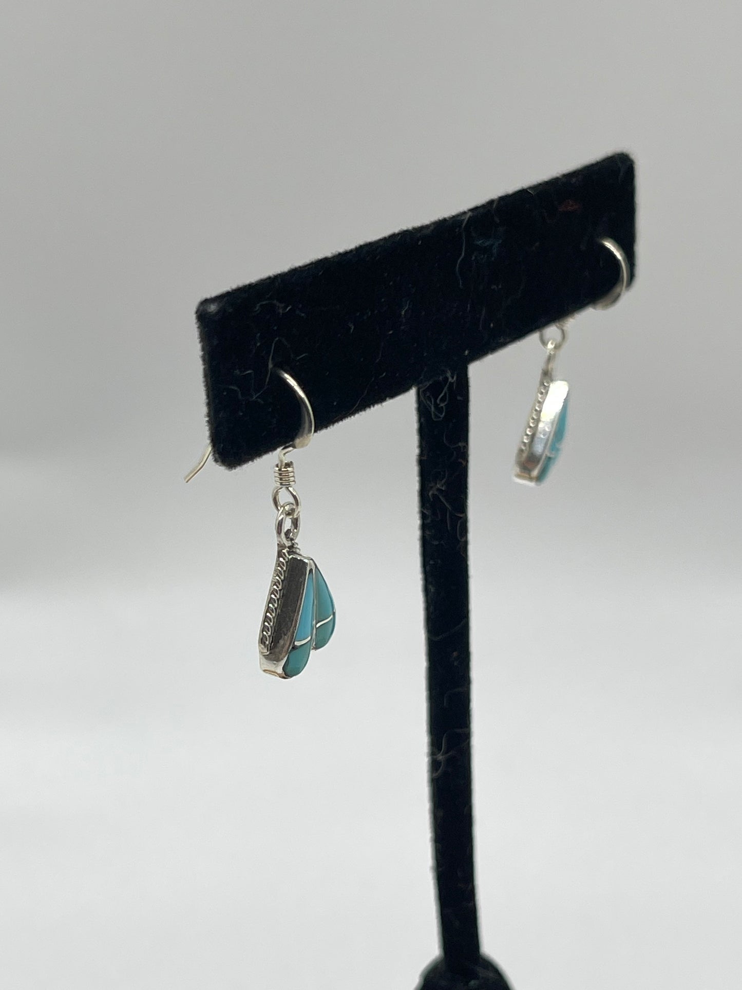 Turquoise Inlay Heart Dangle Earrings by Vaeida Nastacio, Zuni