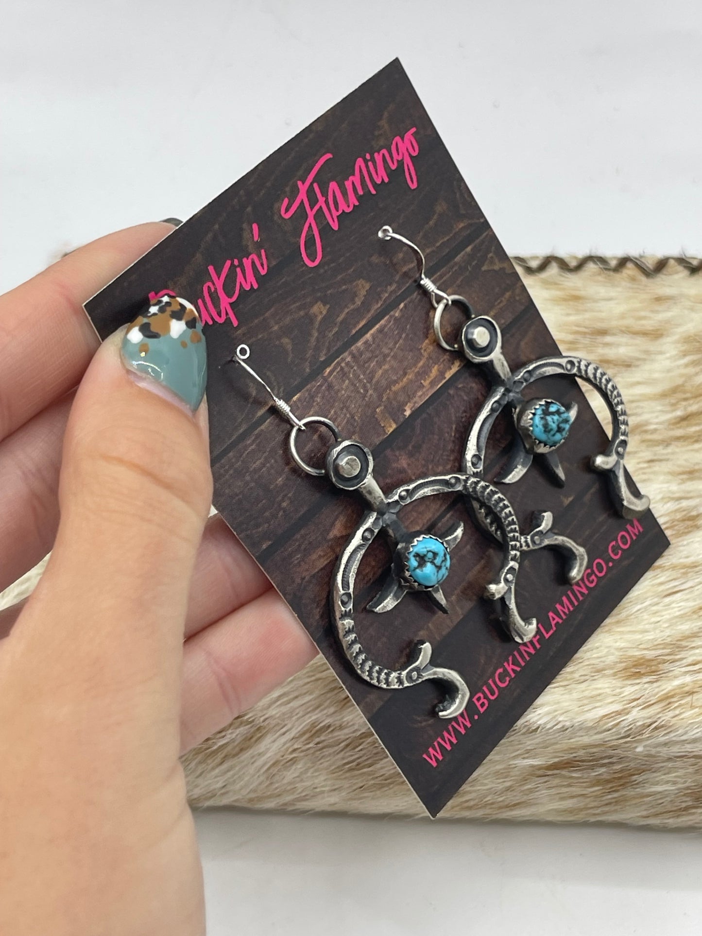 Tufa Cast Naja Turquoise Dangle Earrings by Eva and Linberg Billah, Navajo