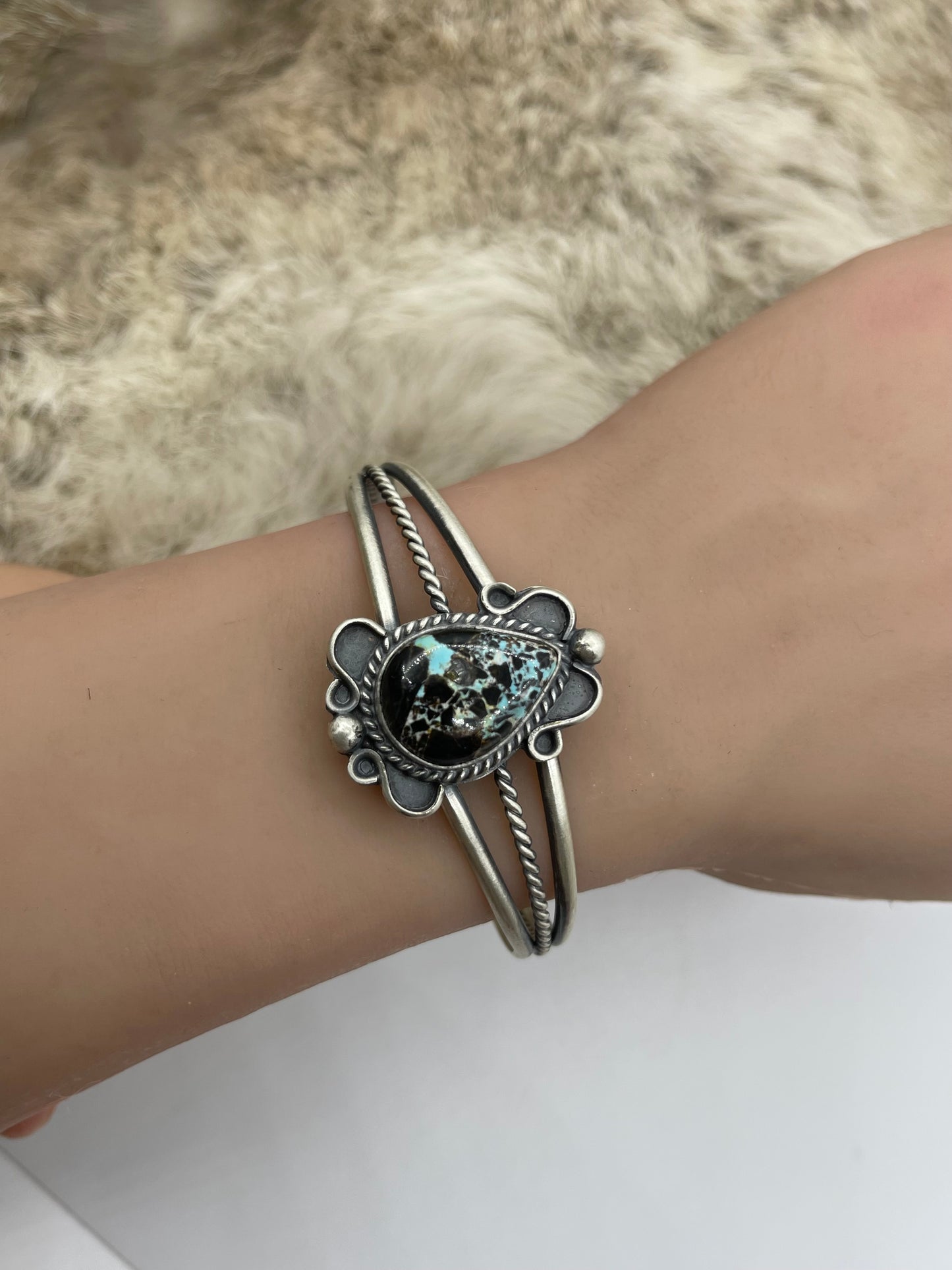 5.5”-7.25” Blackjack Turquoise Cuff by Thompson Piaso, Navajo