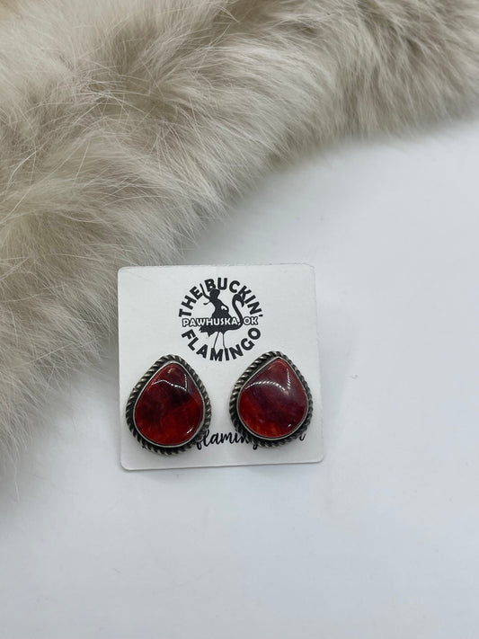 Red Spiny Oyster Post Earrings by Judith Dixon, Navajo