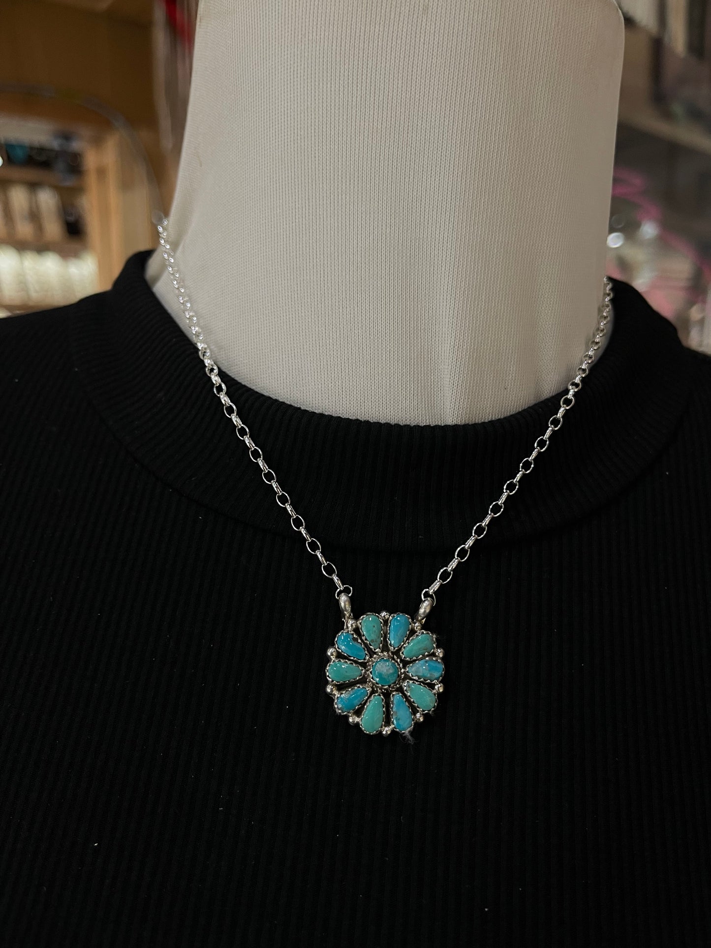 16" Turquoise Cluster Necklace by Alicia Wilson, Navajo