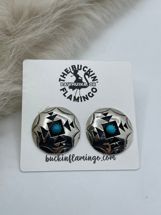 Circle Shadowbox Concho Earrings with Turquoise by Felix Perry, Navajo