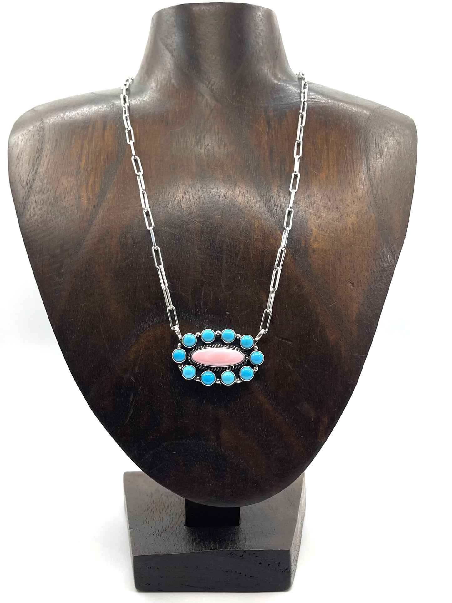 16" Sleeping Beauty Turquoise & Pink Conch Cluster Necklace