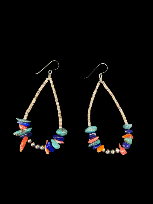 Melon Shell, Multi Stone Natural Cut Beads, and 3mm Navajo Pearl Dangle Earrings