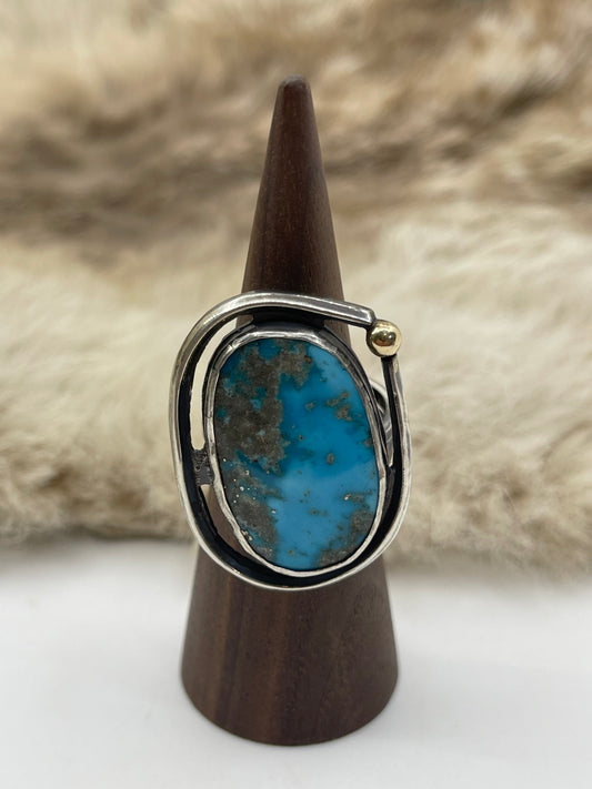 Bad Bronc Adjustable (Up To 10.0) Ring w/ Arizona Turquoise & 14k Gold Ball by Bad Bronc