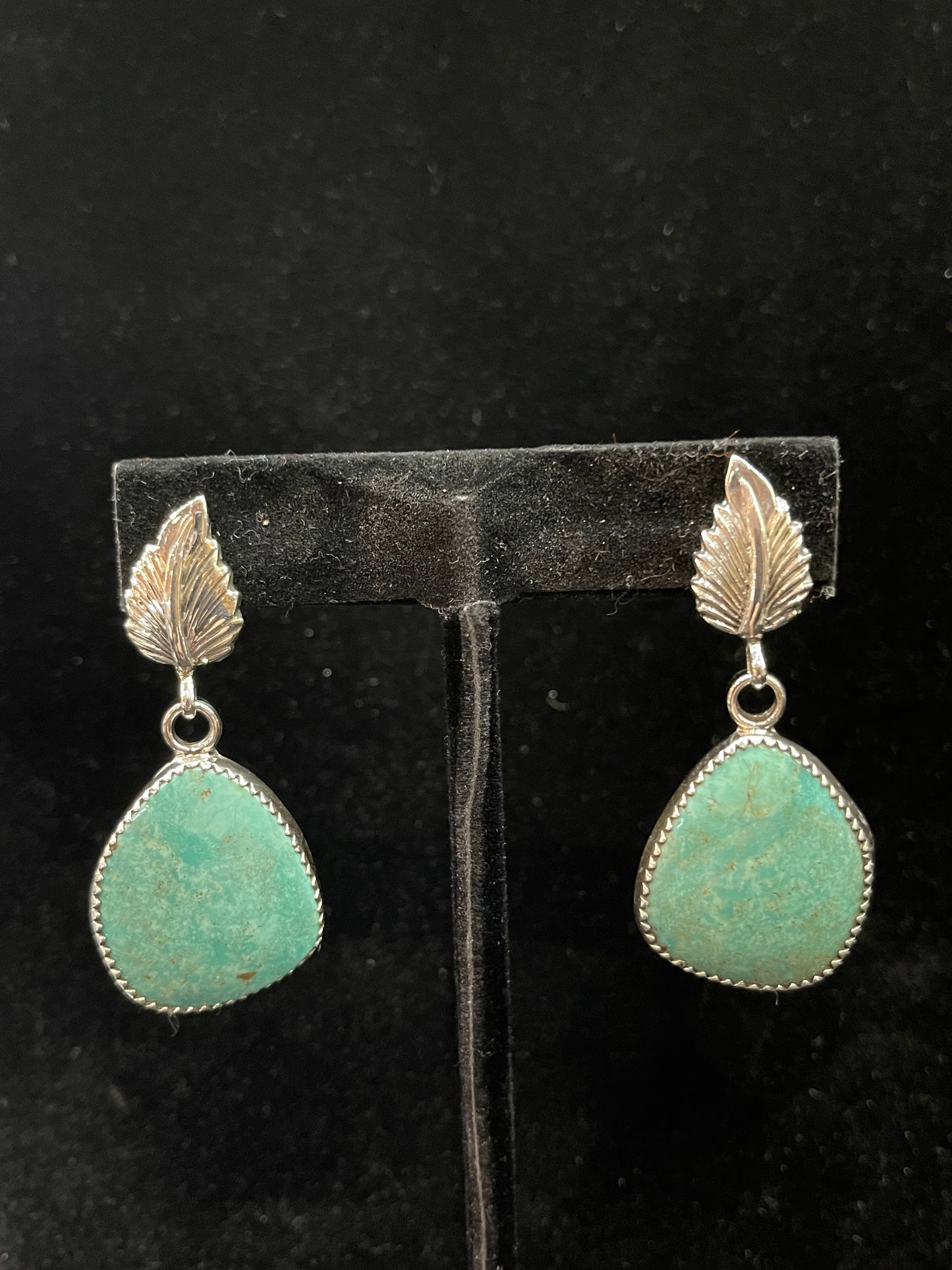 Turquoise Feather Post Dangle Earrings by Hiram Largo, Navajo