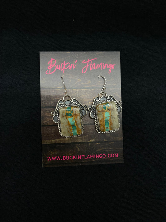 Boulder Ribbon Turquoise Square Dangle Earrings by Terrel Nez, Navajo