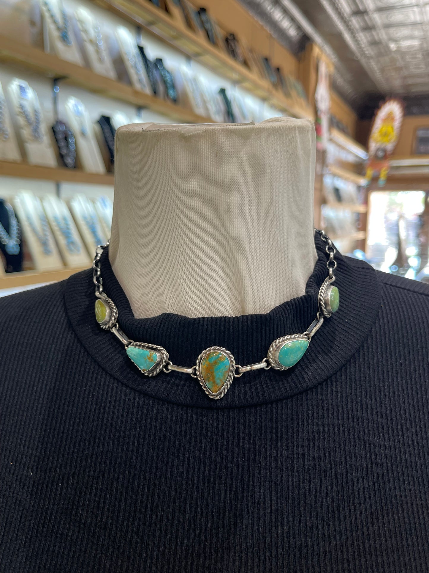 16" 5 Stone Turquoise Necklace by Augustine Largo, Navajo