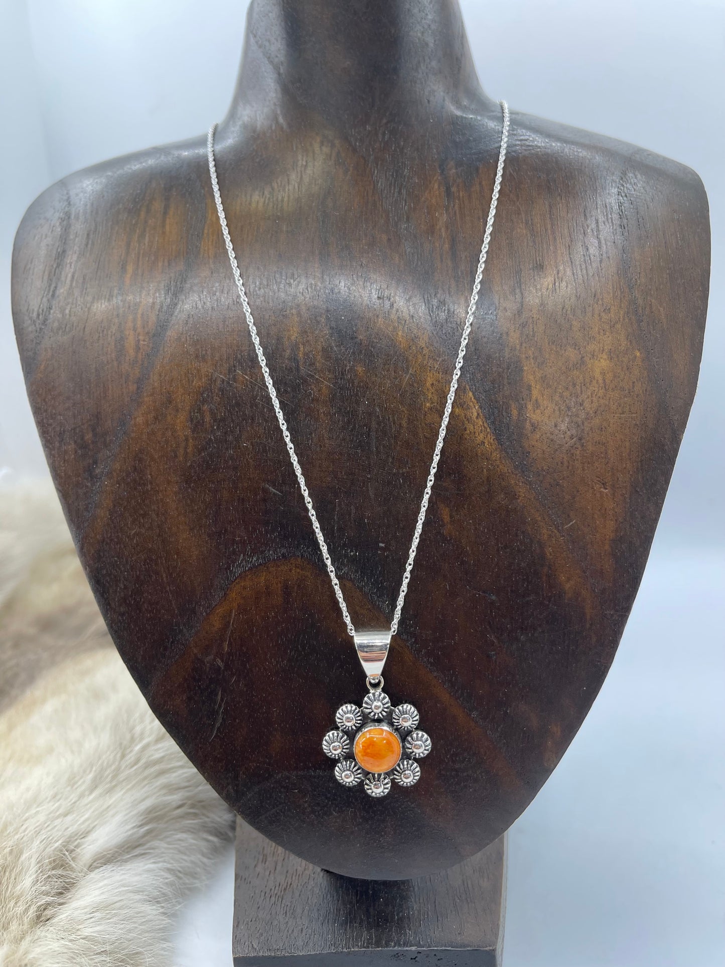 Orange Spiny Oyster Shell Flower Pendant on 18" Chain