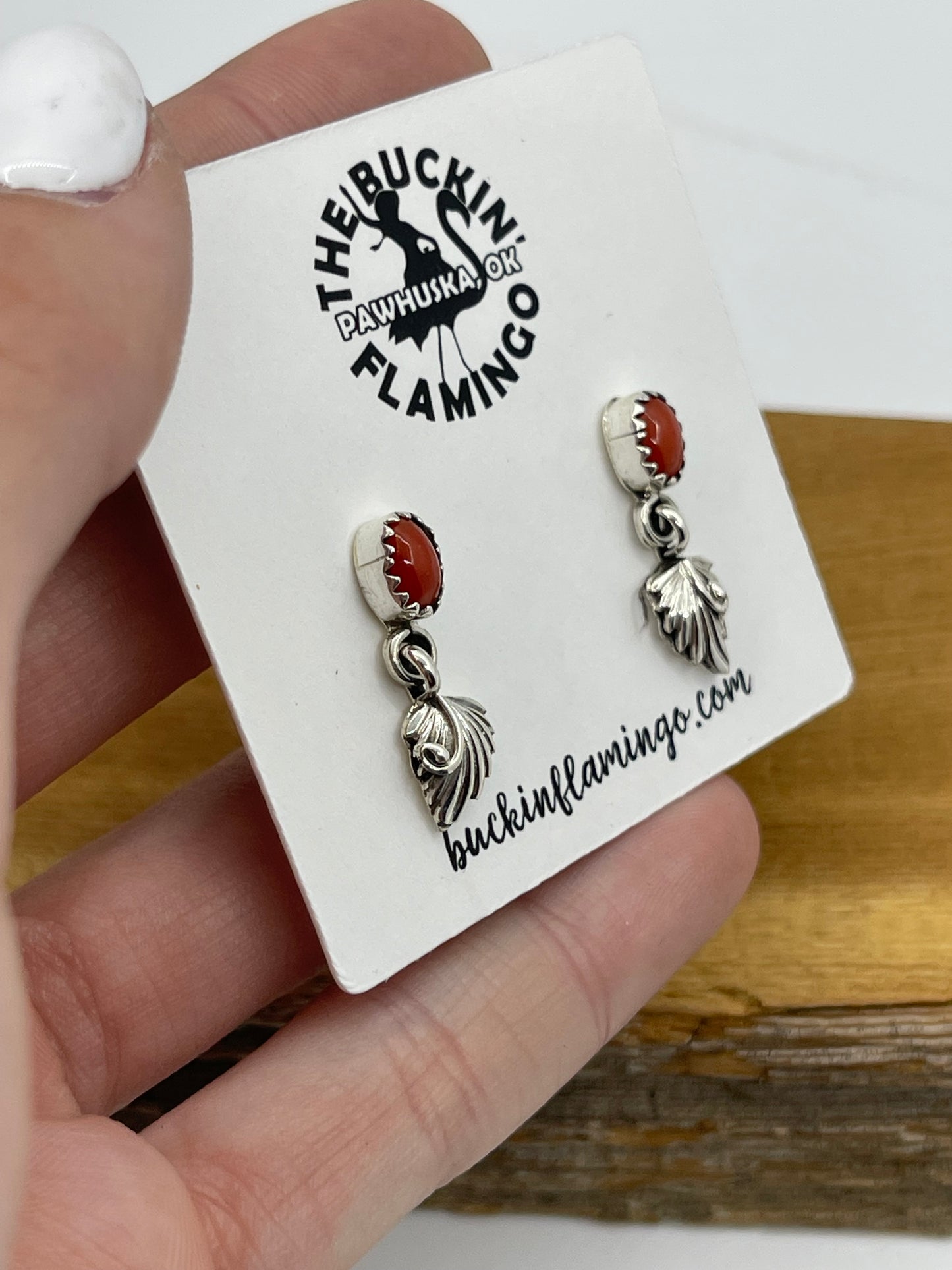 Red Coral Feather Post Dangle Earrings by Rita Largo, Navajo