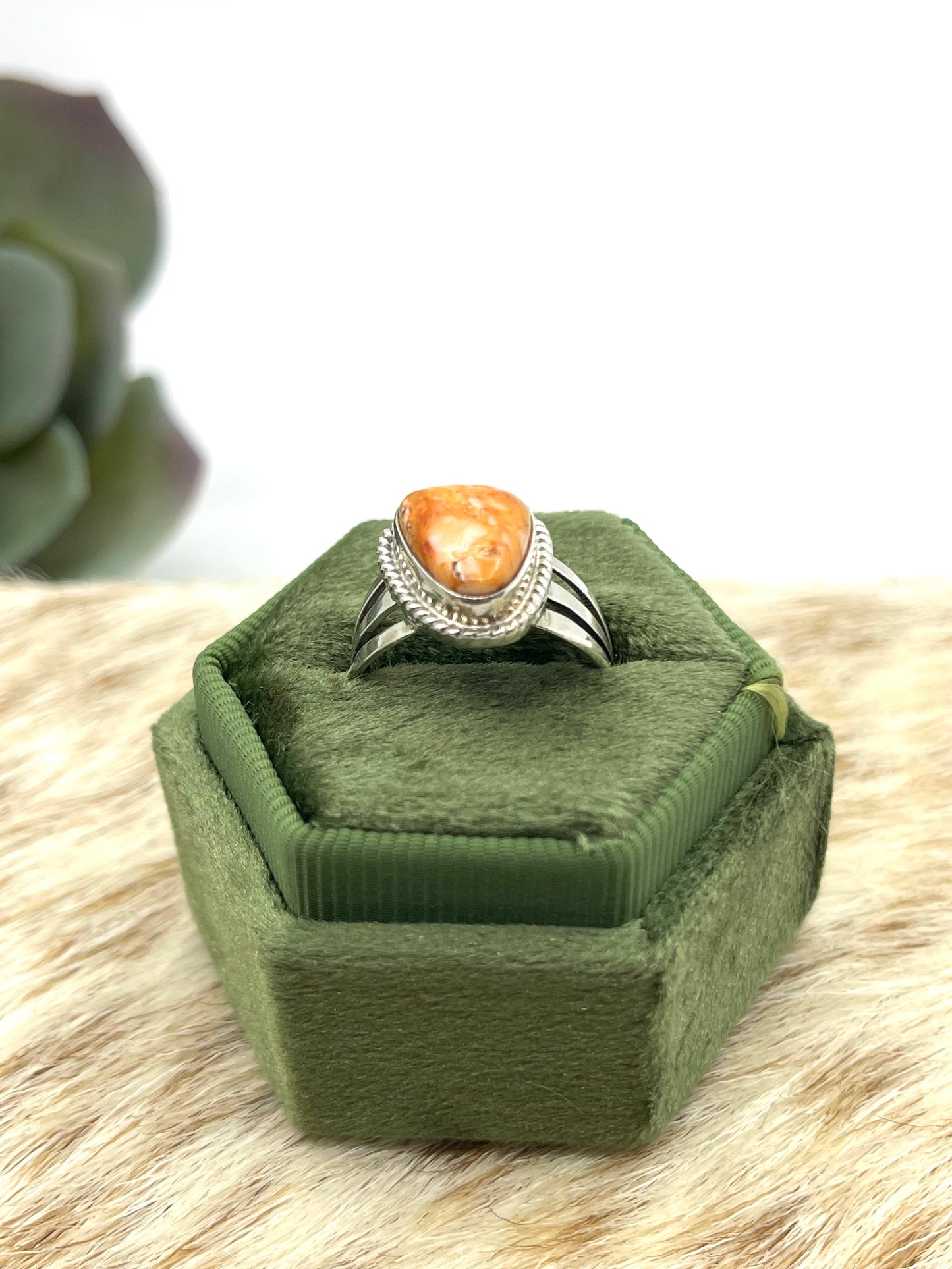 6.5 Orange Spiny Oyster Shell Triangle Ring by Tom Dinetso, Navajo