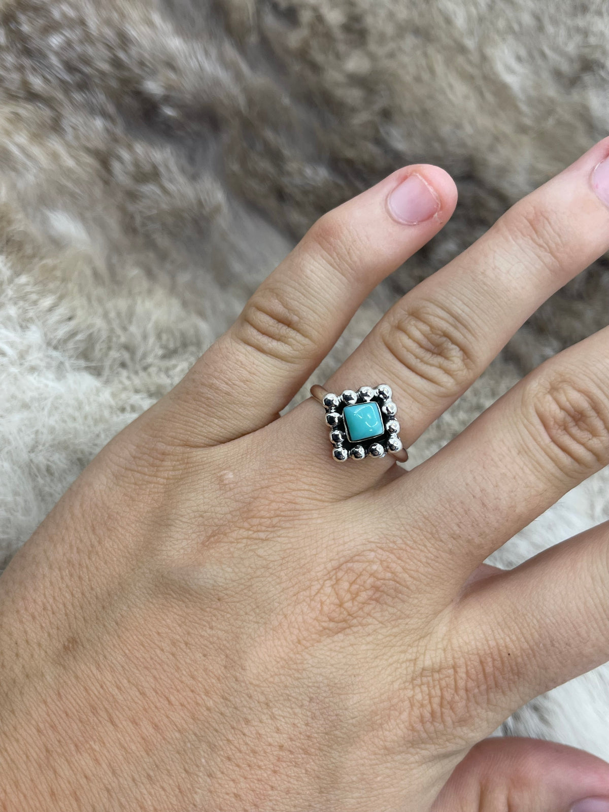 8.0 Turquoise Square Ring with Silver Dot Border by Myra Benally, Navajo