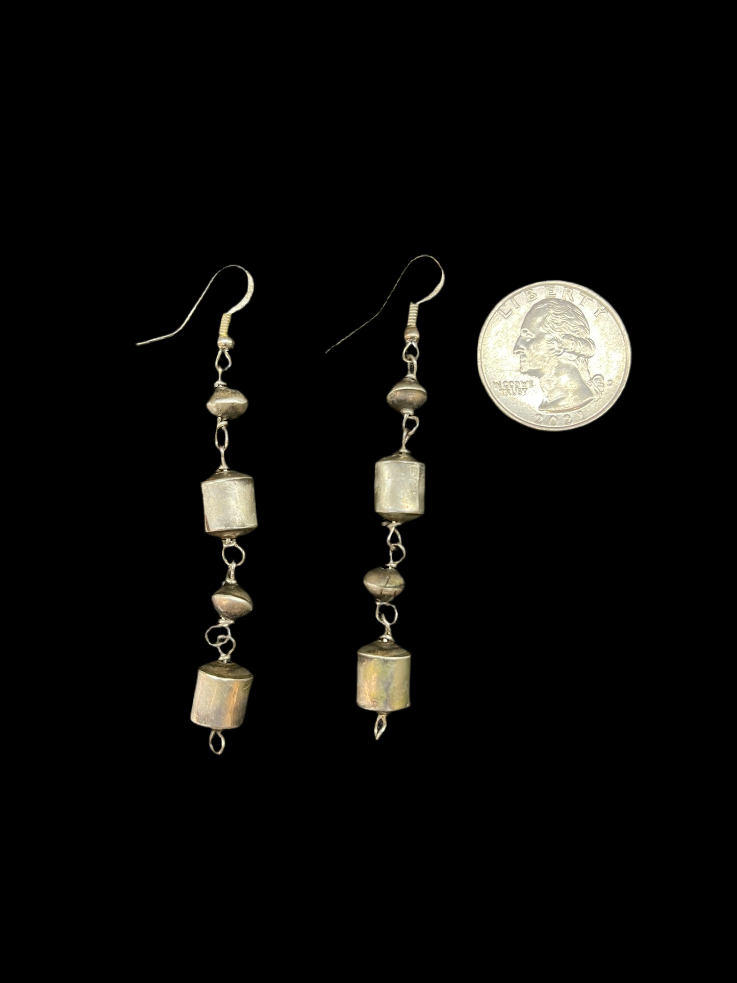 Sterling Silver Barrel Bead and Navajo Saucer Dangle Earrings