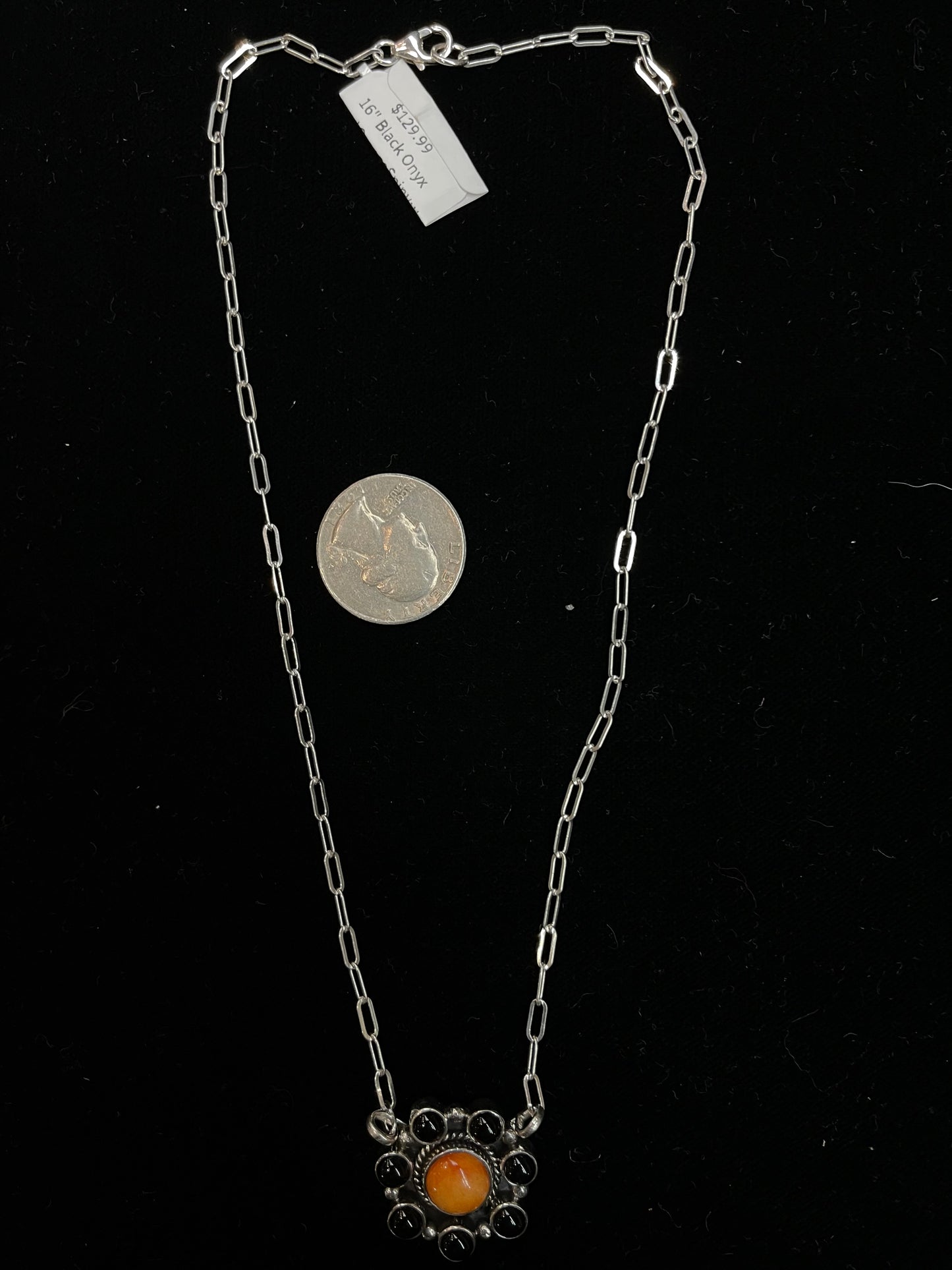 16" Black Onyx and Orange Spiny Oyster Necklace
