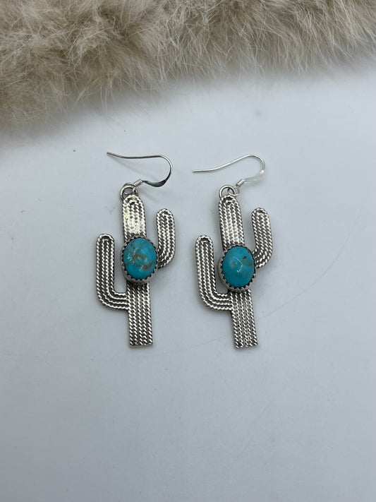 Cactus Dangle Earrings with Turquoise by Annette Chaquito, Navajo