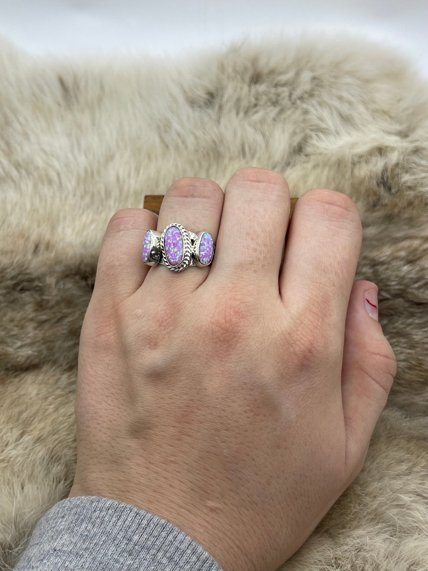 6.0 Pink Opal 3 Stone Ring by Andrew Vandever, Navajo