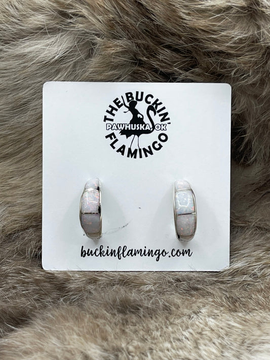 White Opal Inlaid Tiny Hoops by Philbert Chavez, Navajo