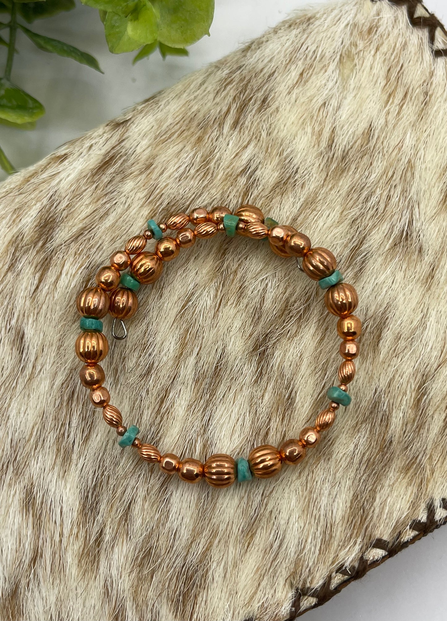 Copper Bead & Turquoise Memory Wire Bracelet