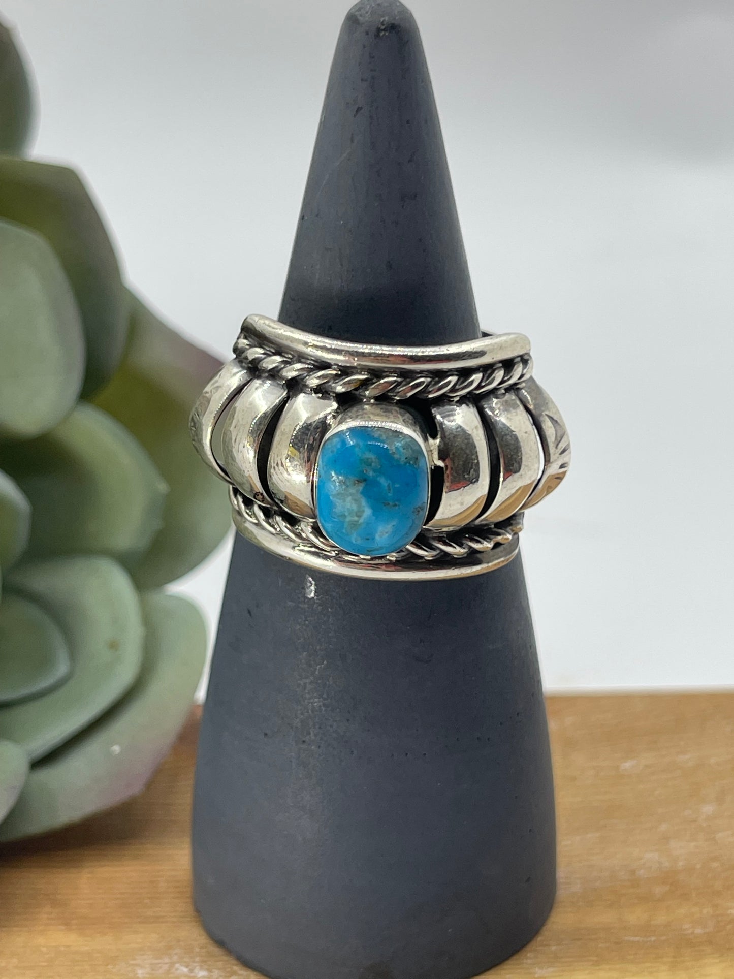 10.5 Sterling Silver and Kingman Turquoise Lobster Tail Ring by Manuel Jackson, Navajo
