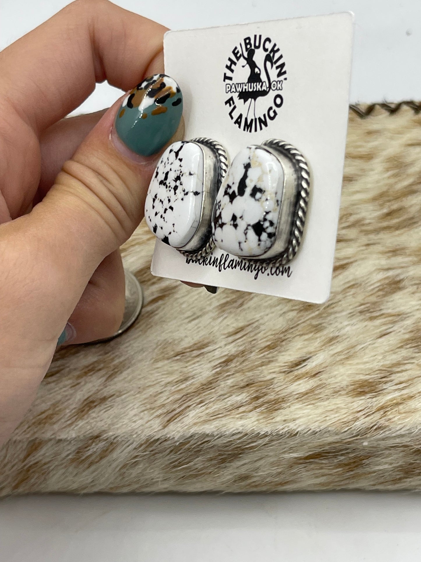 White Buffalo Post Earrings by Elouise Kee, Navajo