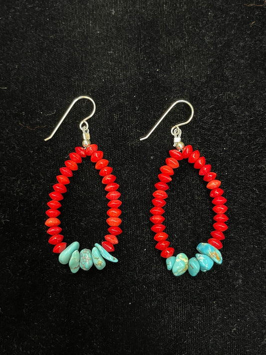 Red Coral and Turquoise Teardrop Dangle Earrings