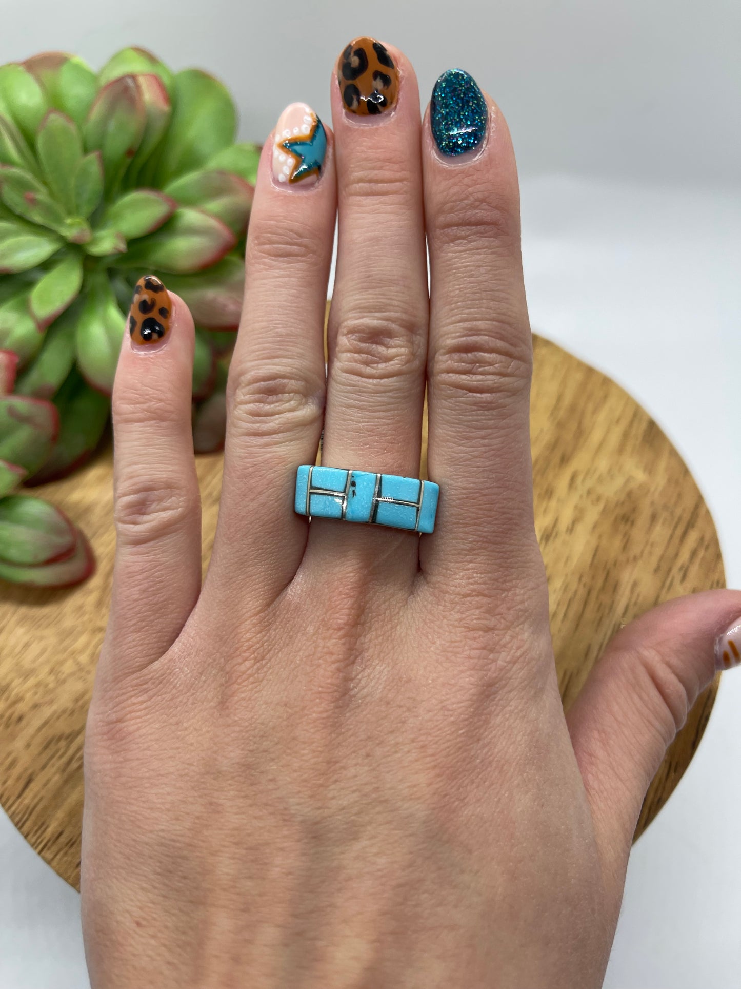 7.5 Inlay Turquoise Ring by Verna Kanesta, Zuni