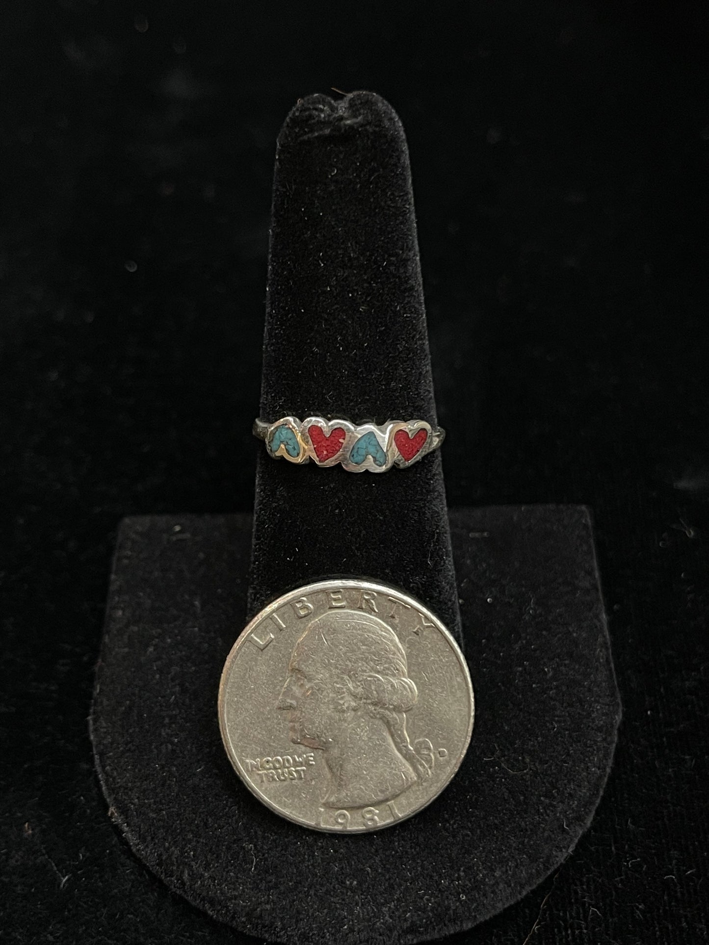 Turquoise and Coral Chip Inlay Heart Ring