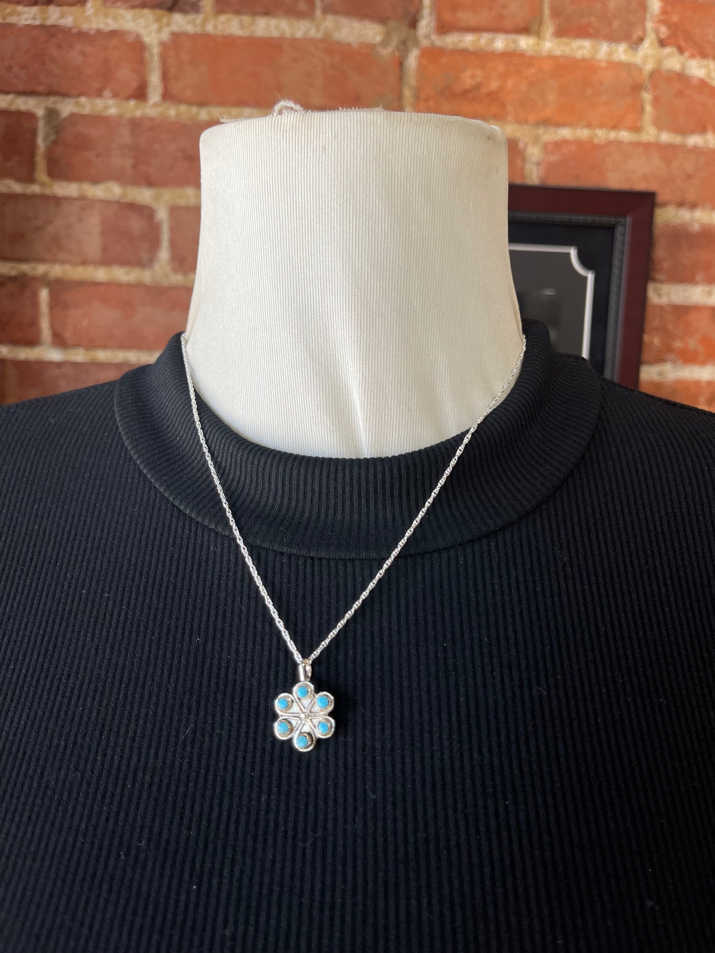18" Herbert Lastiyano Zuni Turquoise Flower Pendant