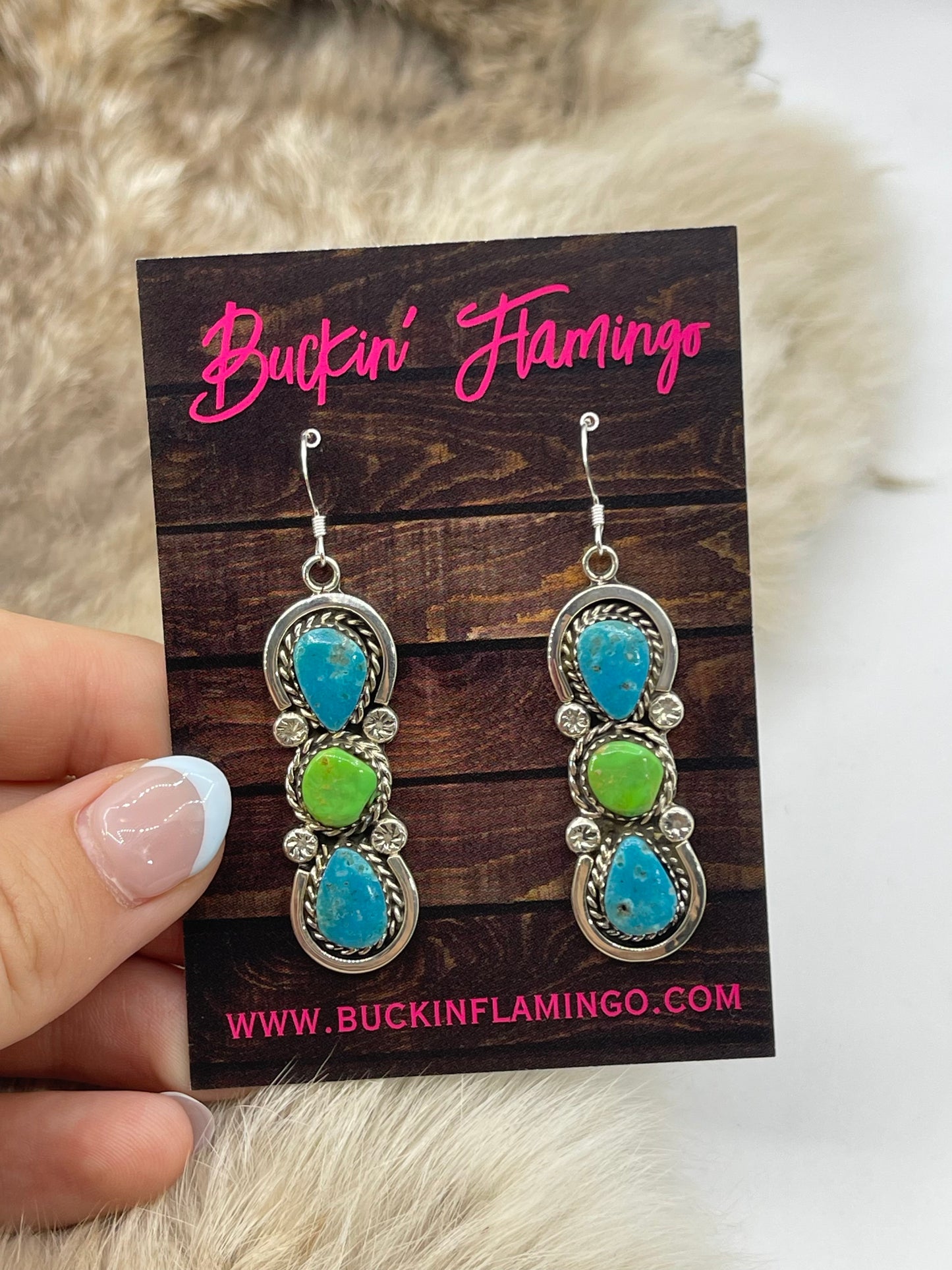 Kingman Blue Turquoise & Green Gaspeite 3 Stone Dangle Earrings by Marie Bahe, Navajo
