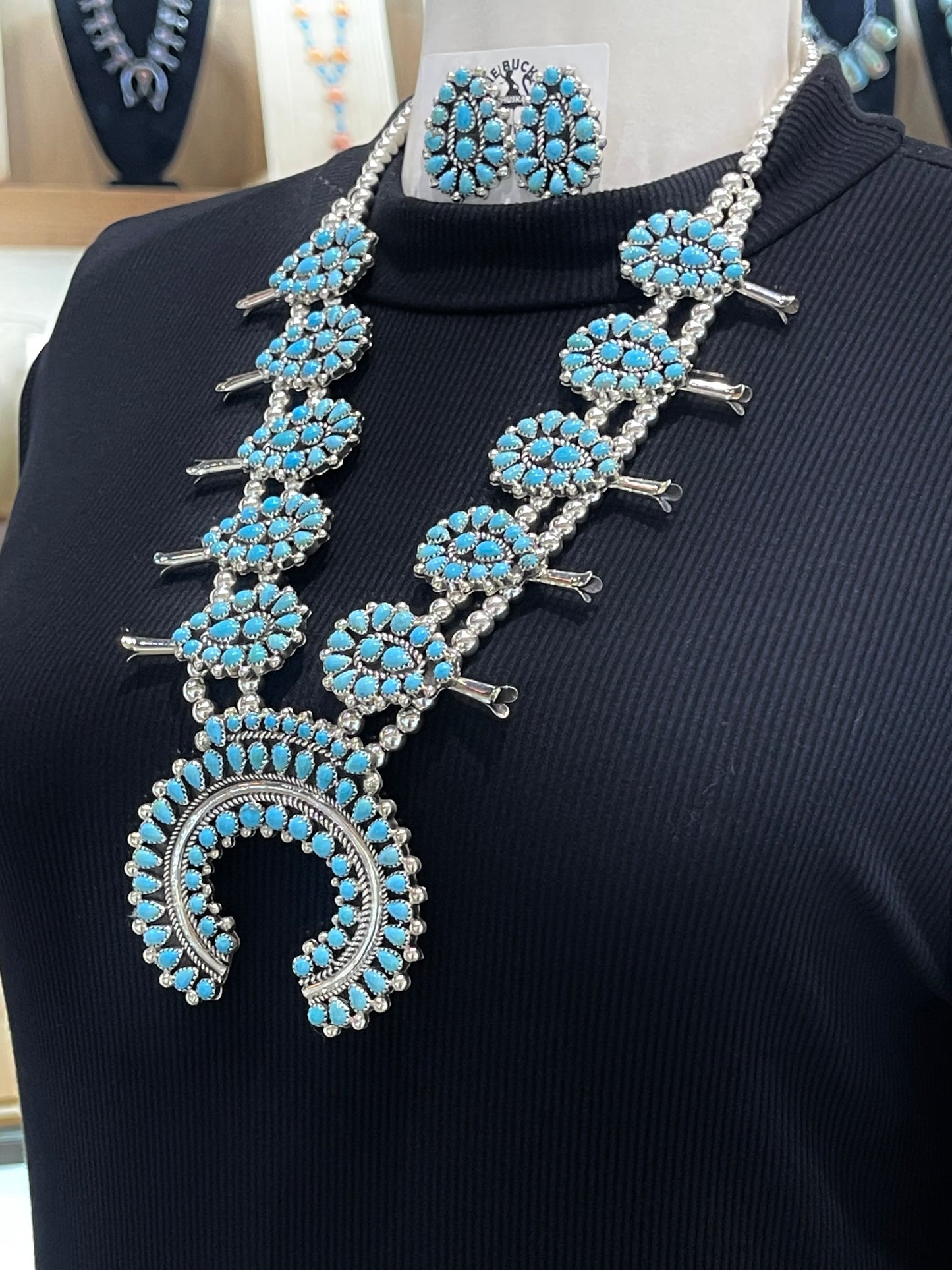 24" Sleeping Beauty Squash Blossom Necklace & Earring Set