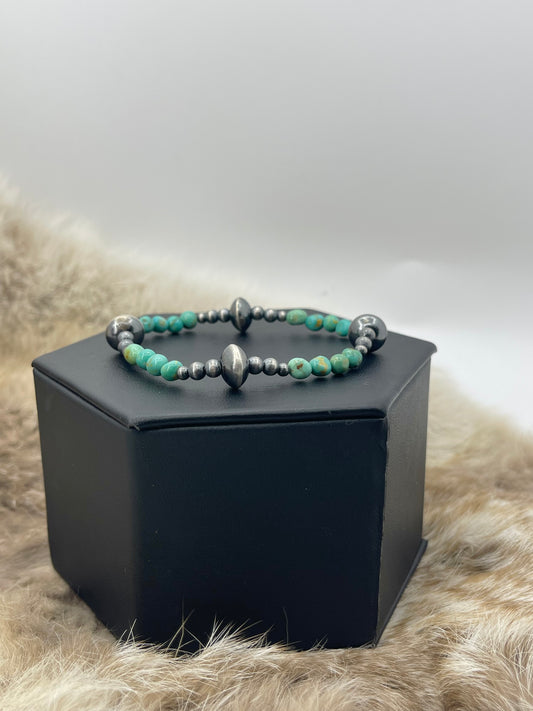 Turquoise Nuggets & Navajo Style Pearl Stretchy Bracelet 6.5” + Stretchy
