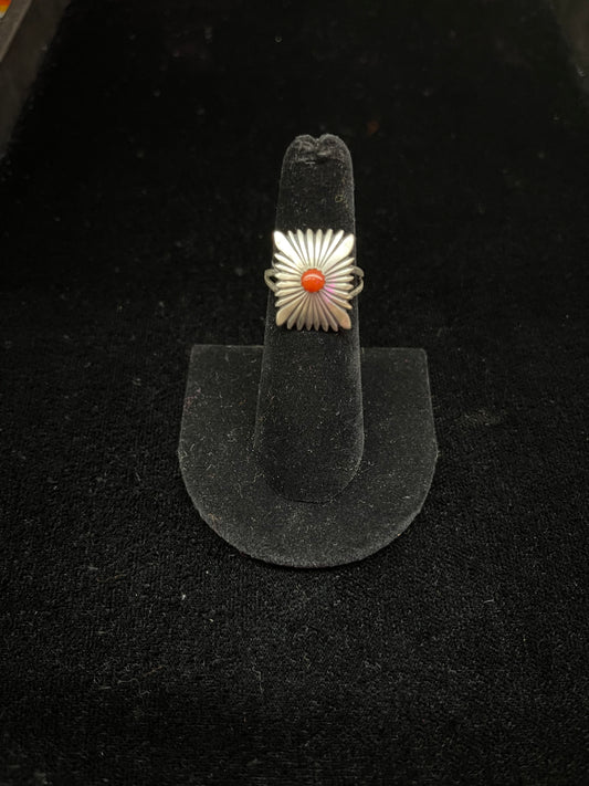 Sterling Silver and Red Coral Ring by Jamie Saunders, Navajo