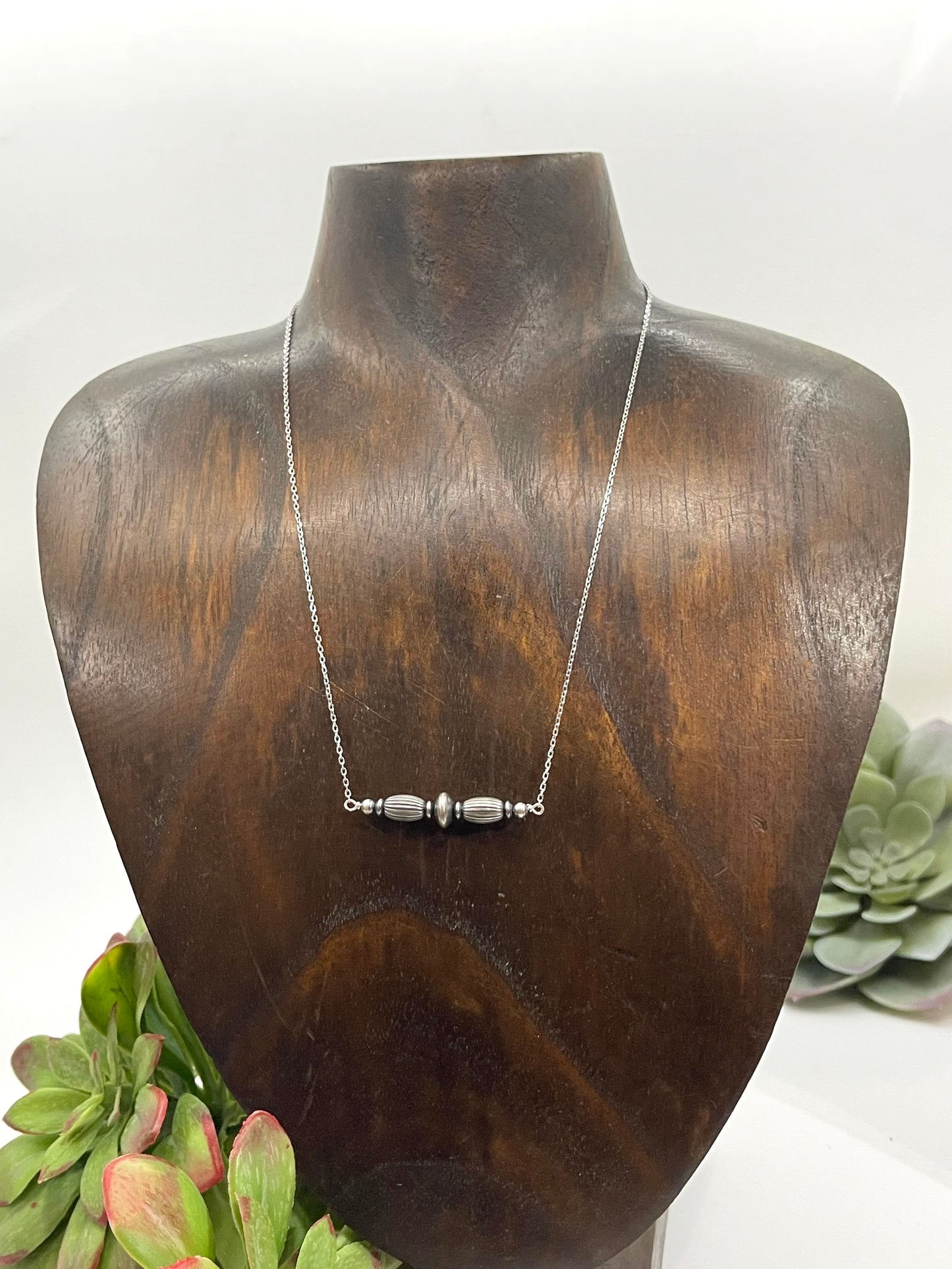 16" Sterling Silver Melon Bead Navajo Style Pearl Bar Necklace
