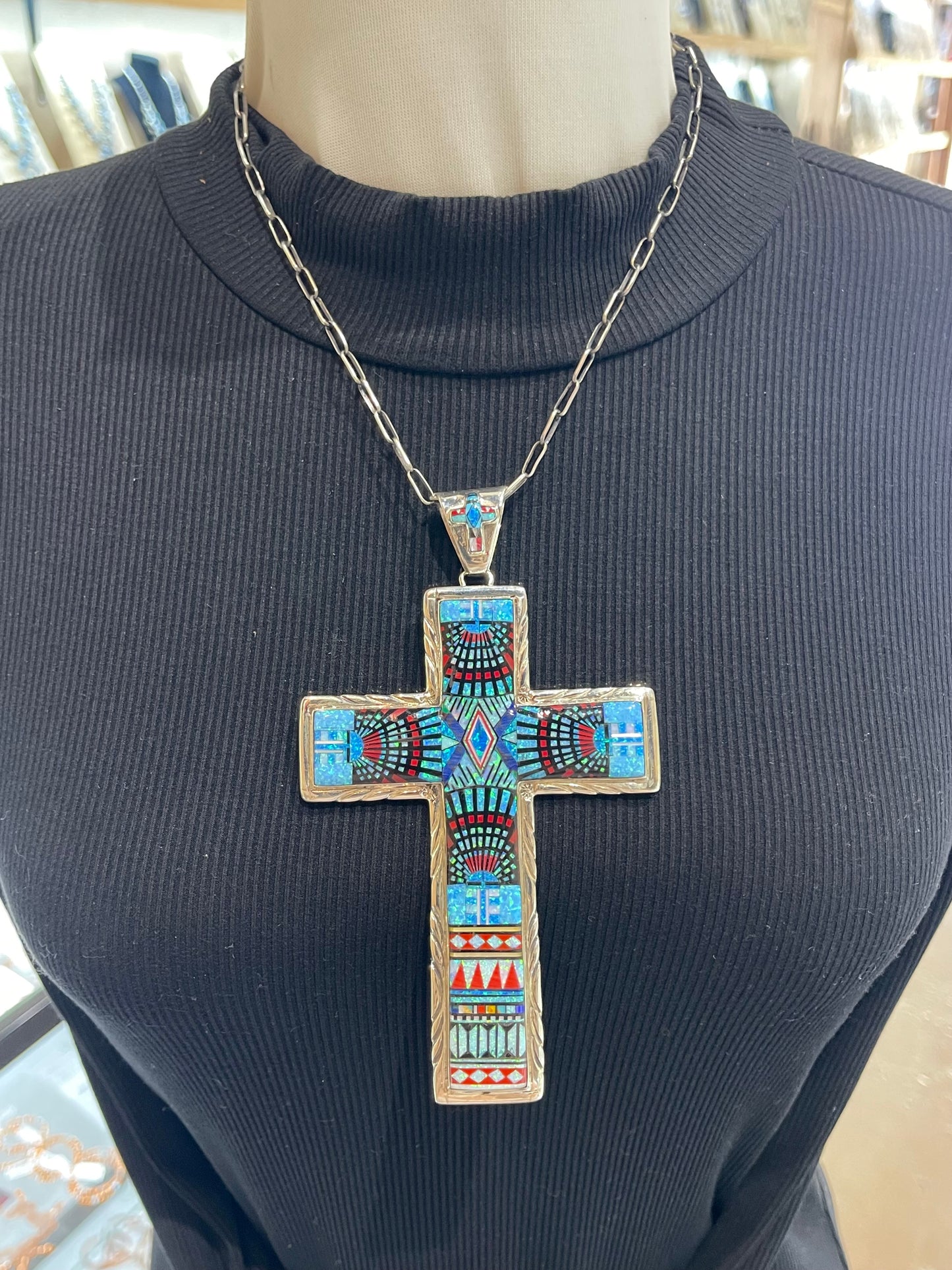 10.4mm bale Inlay Cross with Handmade Paperclip Chain by Sally Shurley, Navajo