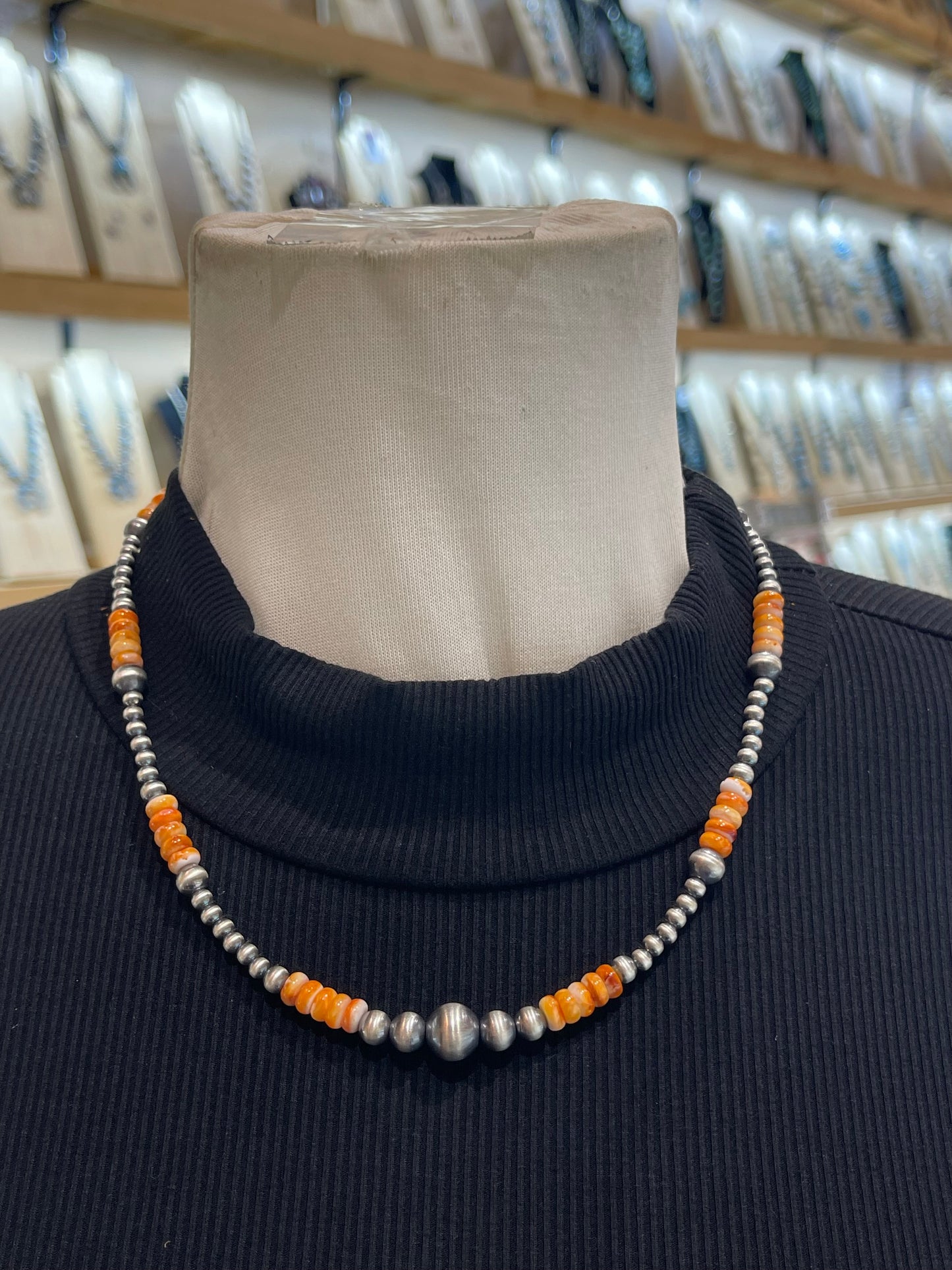 18"+2" Extender Varied 10mm Orange Spiny Oyster & Navajo Style Pearls