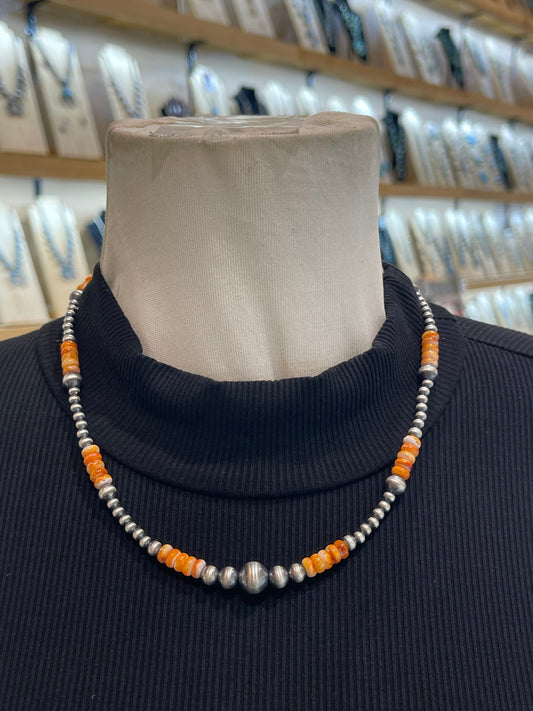 18"+2" Extender Varied 10mm Orange Spiny Oyster & Navajo Style Pearls